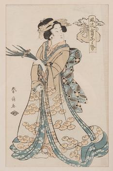 Färgträsnitt, 3 st, signerade Katsugawa Shunsho samt Kikugawa Eizan, efter,  sent 1800/tidigt 1900-tal, Japan.