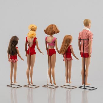 Barbie dolls, 5 pcs, including "Barbie Swirl Ponytail Blonde" & "Skipper Red Hair", Mattel, 1960s.