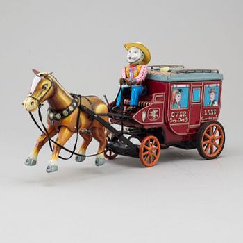 A mid 20th century tin toy horse and carriage, Cragston Toy, Japan.