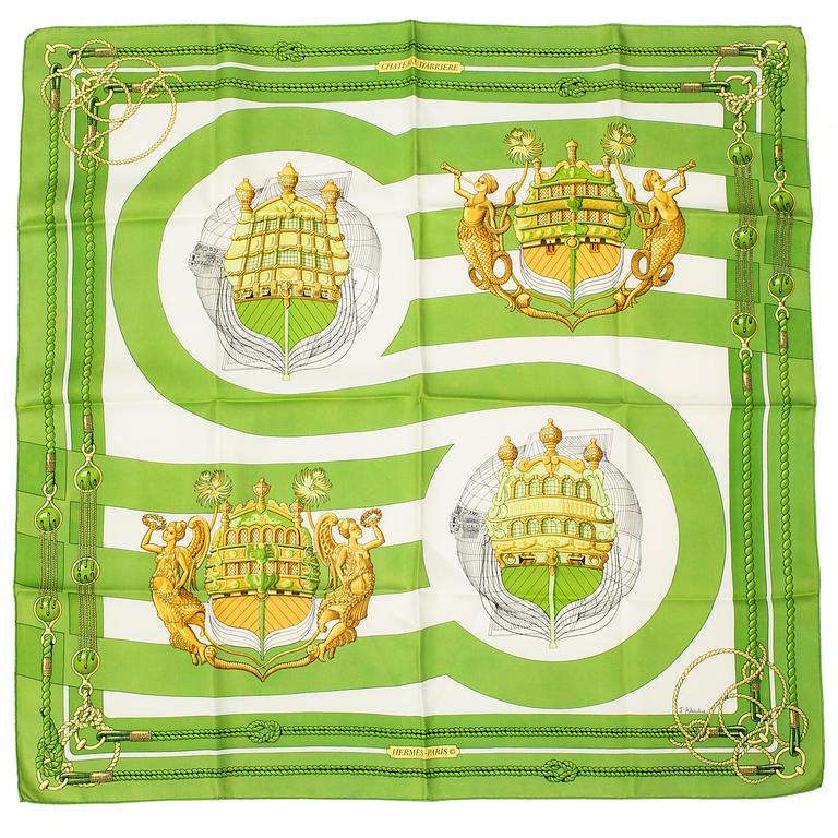 HERMÈS, two scarves, "Chateaux d'Arrière" & "Selles à Housse", Julie Abadie & Christiane Vauzelles.