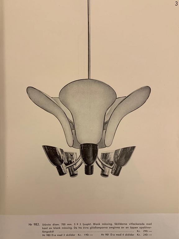Carl-Axel Acking, a rare ceiling lamp model 982, Bröderna Malmströms Metallvarufabrik, Malmö, 1950s.