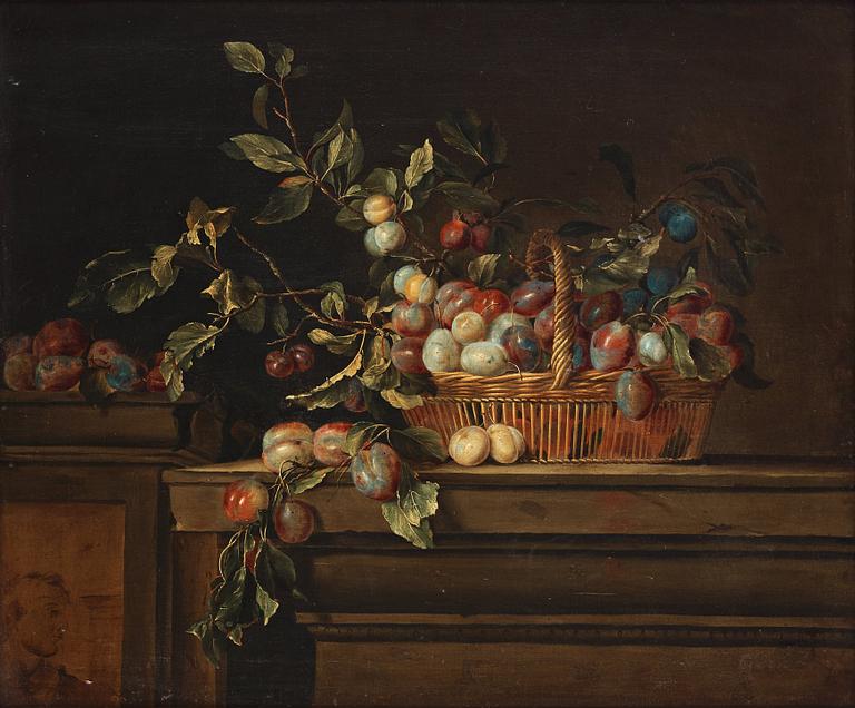 Pierre Dupuis Follower of, Still life with plums in a basket.