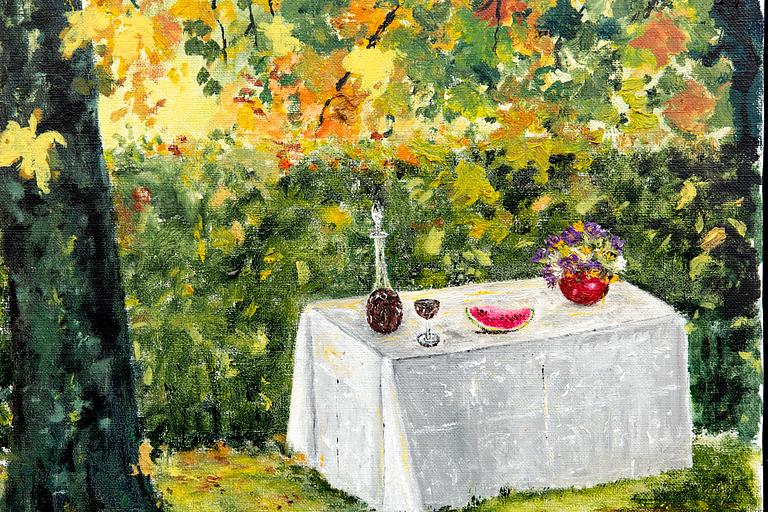 Ann-Marie Jönsson, oil on canvas, signed, dated -94, "My garden".