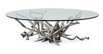 92. An Albert Féraud steel base with circular glass top sofa table, France.