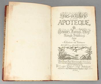 BÖCKER OM MEDICIN, 4 st, bla Hus och Rese-Apoteque, av Rosén von Rosenstein, Stockholm 1772.