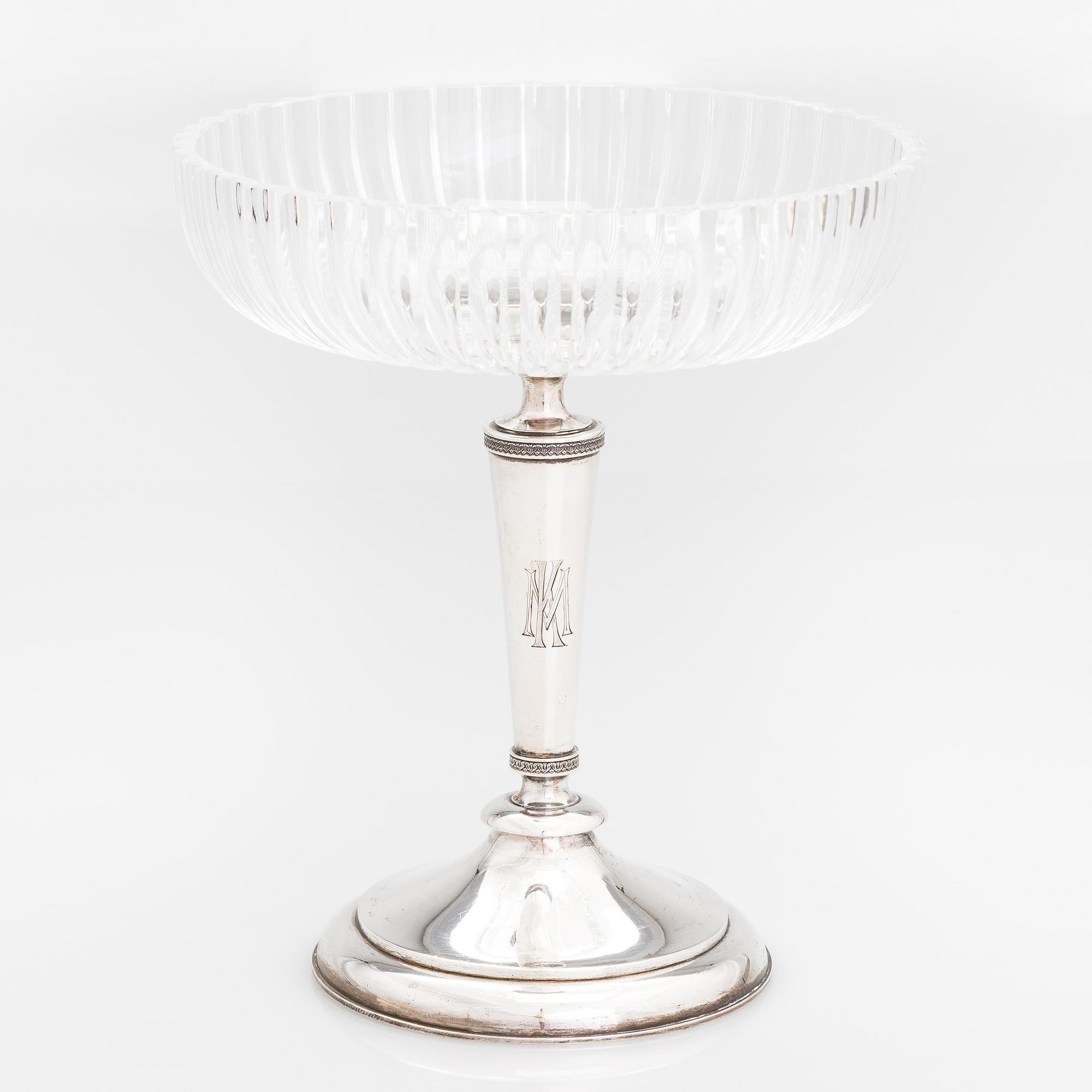 A footed silver and glass bowl, maker's mark of Johan Viktor Aarne, Vyborg 1917.