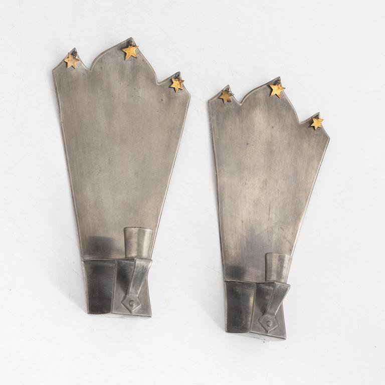 Astrid Aagesen, a pair of pewter wall sconces, Helsingborg, Swedish Grace, 1920s.