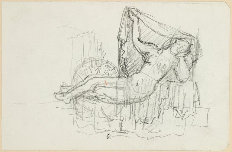 Hilding Linnqvist, pencil drawings, 2 + 3, framed together.