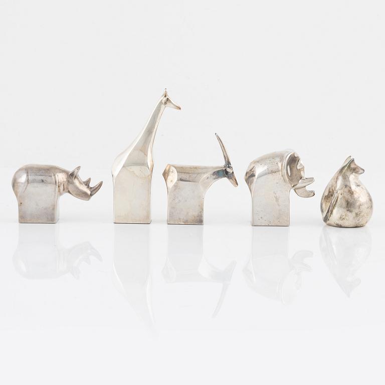 Five silver-plated zinc figurines, including Gunnar Cyrén, Dansk Designs, Japan.
