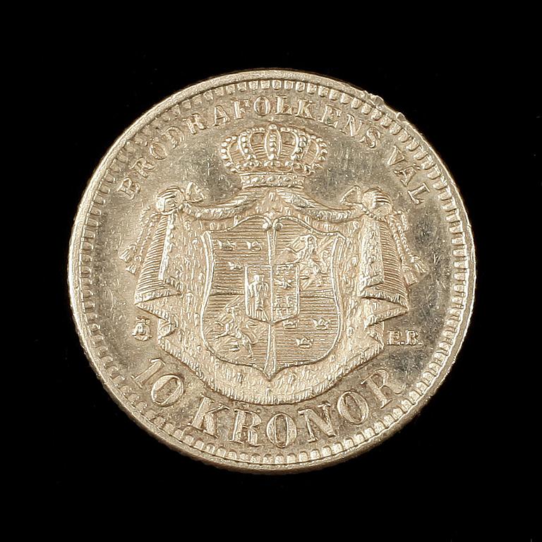 GULDMYNT, Oscar II, 10 kronor, 1901. Vikt ca gram.
