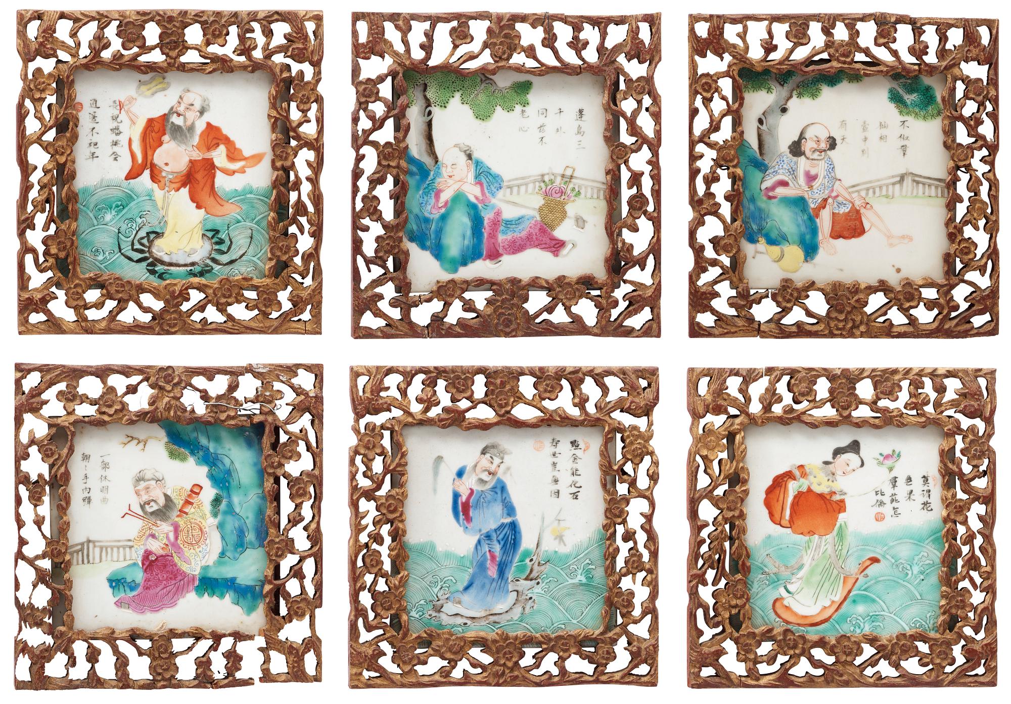 KAKELPLATTOR, sex stycken, porslin. Qingdynastin, 1800-tal.