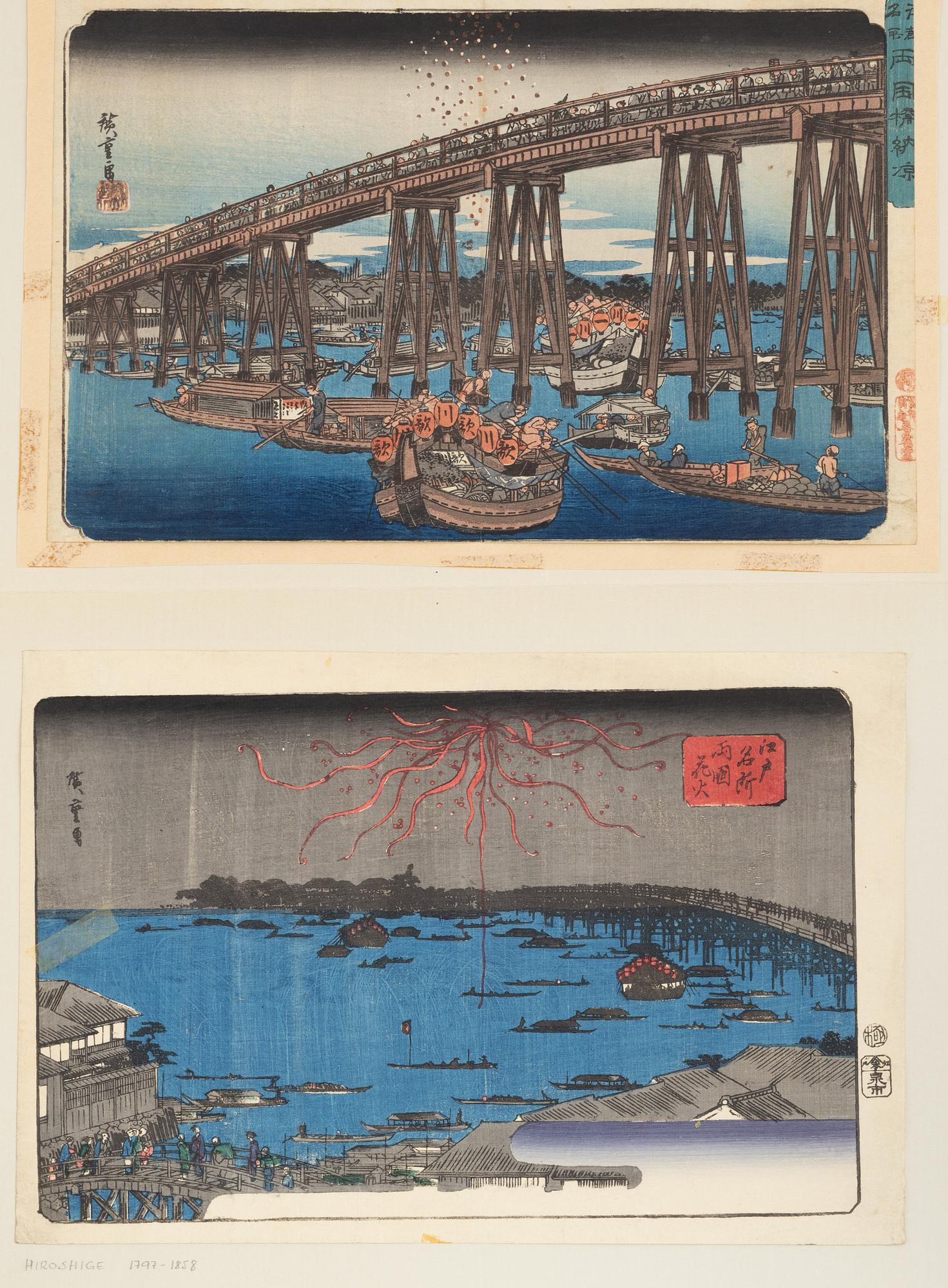 Ando Utagawa Hiroshige, two woodblock prints 'Cooling off at Ryōgoku Bridge' and 'Fireworks at Ryogoku Bridge'.