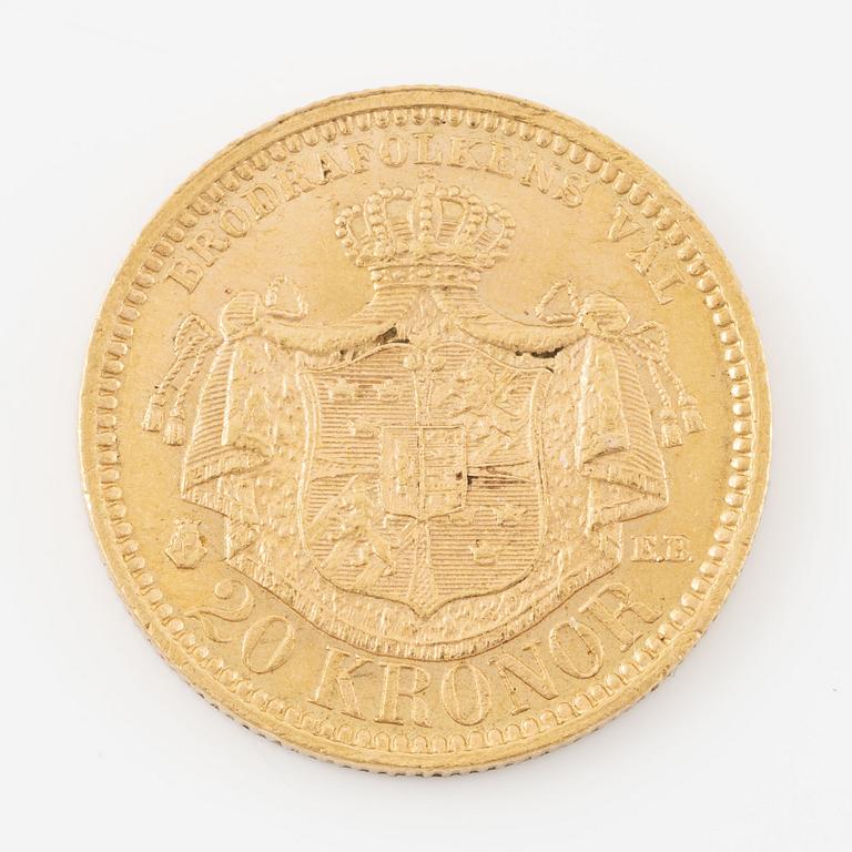 Gold coin, Sweden, Oscar II, 20 kr, 1877.