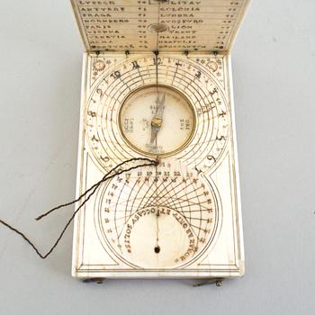 TIDVISARE med KOMPASS Ekvatorialsolur. Ben, mässing, glas, daterad 1667.