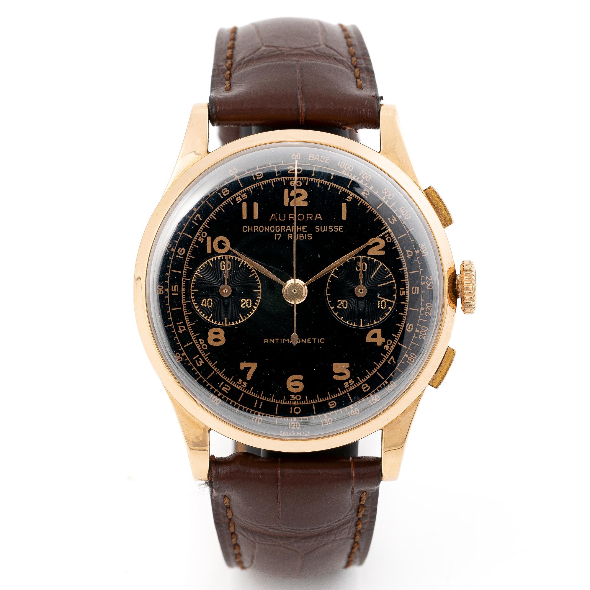 Aurora, "Chronographe Suisse Antimagnetic", armbandsur, kronograf, 37,5 mm.