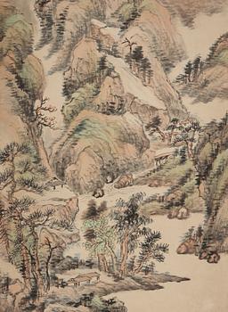 RULLMÅLNING, av Ni Tian (1855-1919), signerad och daterad (1909), berg och flodlandskap.