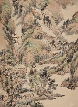 A hanging scroll of a mountain and river landscape, by Ni Tian (1855-1919), signed and dated (1909).