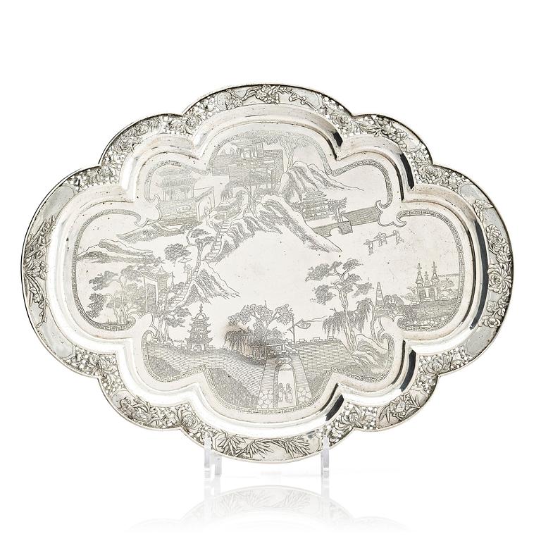 A lobed silver tray on four feet, Shanghai, Singfat, China Trade.