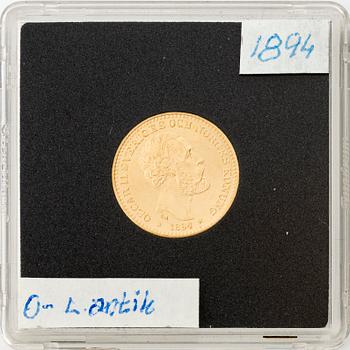 Guldmynt, Oscar II, 10 kronor, typ II, Sverige 1894.