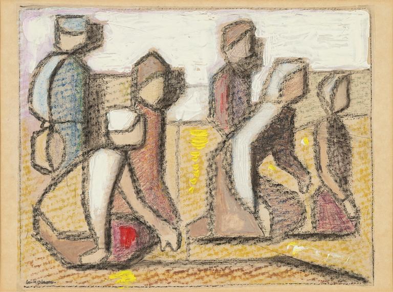 Erik Olson, mixed media on grease proof paper mounted on paper panel, signed.