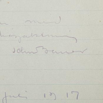 JOHN BAUER (1882-1918), egenhändigt brev med namnteckning, dat Björkudden Gränna 25 juli 1917.