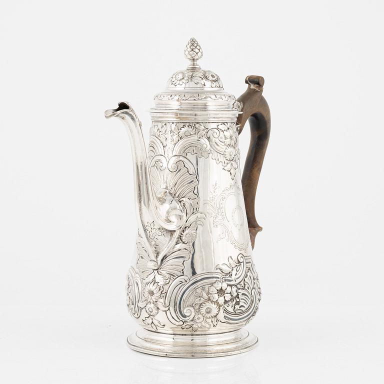 Richard Gurney & Co, kaffekanna, silver, rokoko, London 1749.