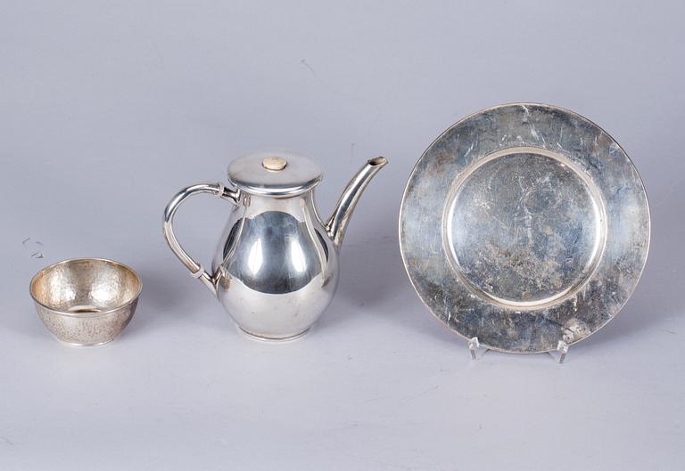 KANNA, SKÅL samt FAT, silver, 1900-tal.