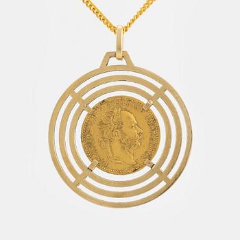 Gold coin pendant, setting 14K gold, with 18K gold chain.