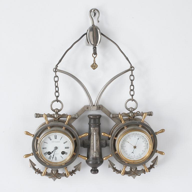 VÄGGUR/BAROMETER, metall och mässing, F.W Tornberg, Stockholm, omkr sekelskiftet 1900.