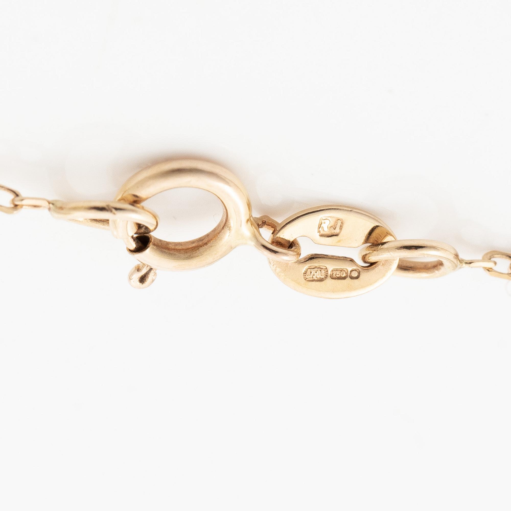 Collier, 18K guld med hänge i form av blomma med rosa safirer, vit mittsten och små diamanter.