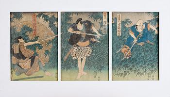 Utagawa Kunisada Kochoro Toyokuni III · KUNISADA TOYOKUNI III, triptyk, träsnitt, Japan, 1800-tal.