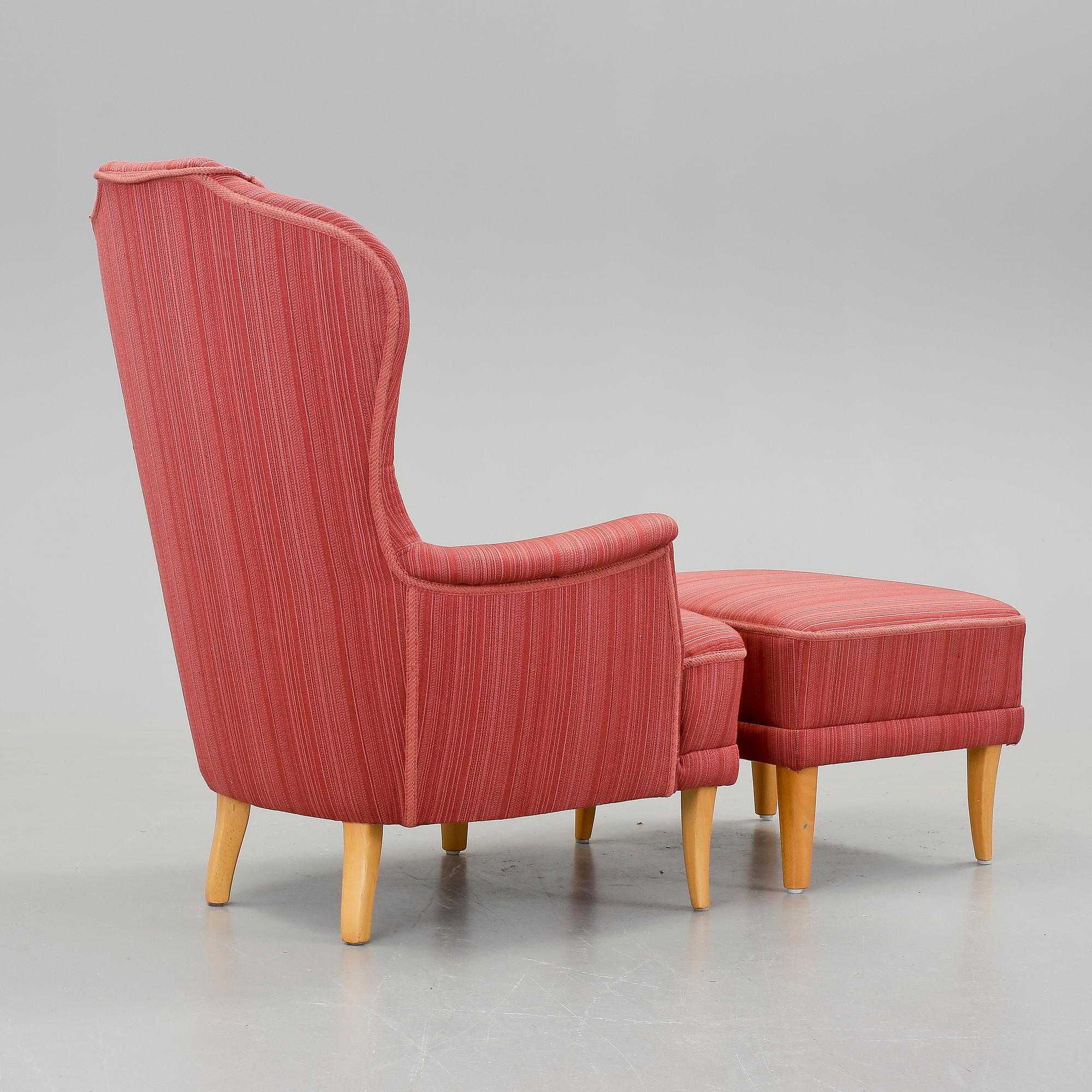 FÅTÖLJ samt FOTPALL, "Farmor", Carl Malmsten, 1900-talets slut.