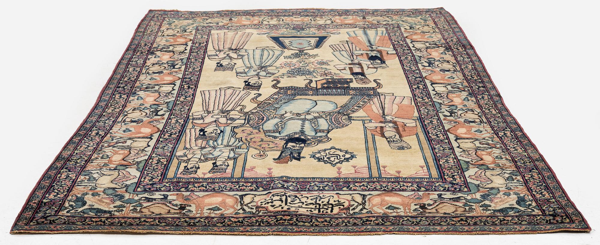 An antique Kerman Raver rug, South Persia, signed c. 238 x 143 cm.