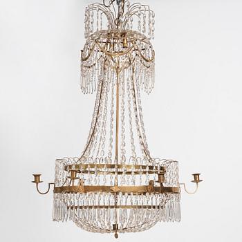 A late Gustavian gilt brass and cut glass seven-light chandelier, Stockholm, late 18th century.