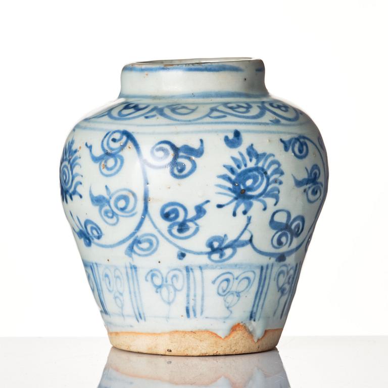 A small blue and white jar, Ming dynasty, circa 1500.