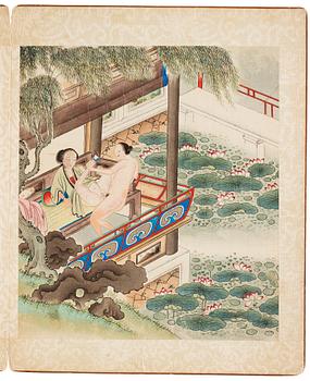 Okänd konstnär, akvarell och tusch på siden, tre stycken i bok. Qingdynastin, 1800-tal.