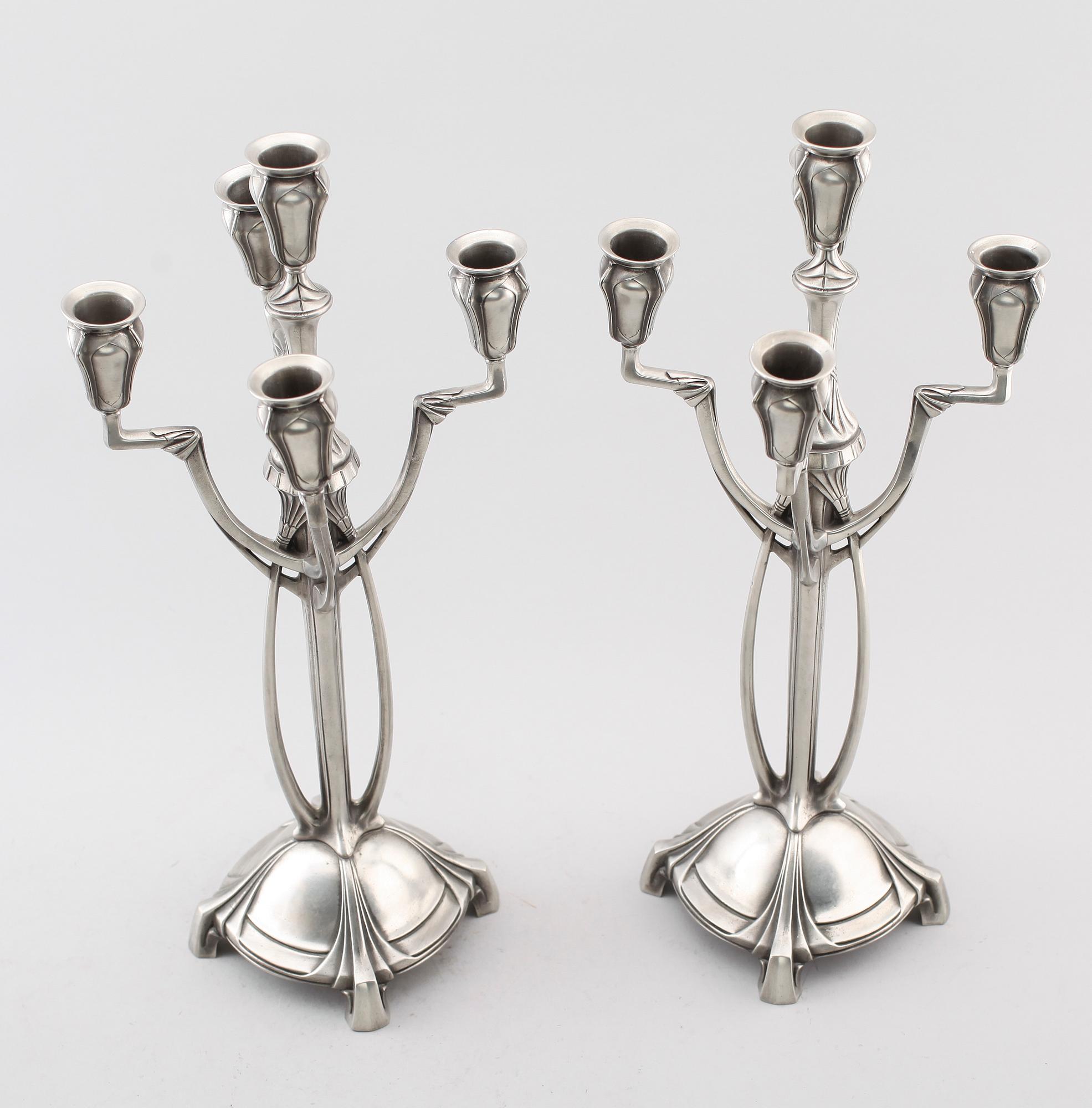 KANDELABRAR, 1 par, vitmetall, art nouveau stil, Achille Gamba.