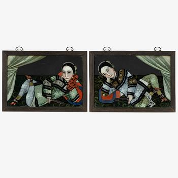A pair of Chinese reverse glass paintings, 20th century.