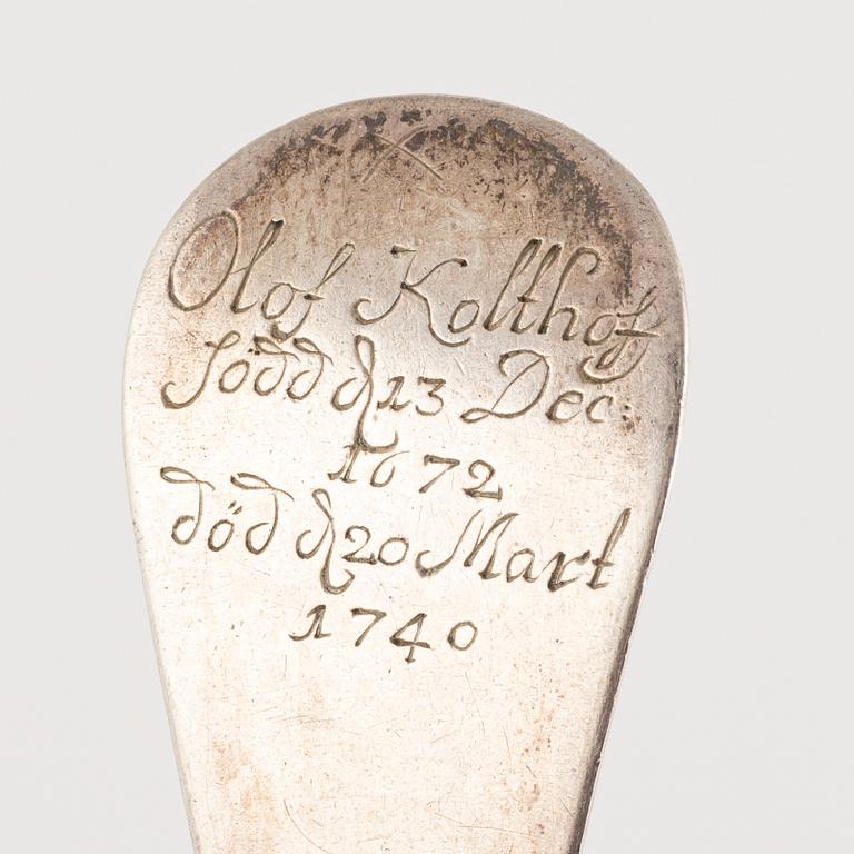 A silver funerary spoon, mark of N. Warneck, Karlstad 1740.