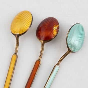 Anton Michelsen, six sterling silver and enamel teaspoons, Denmark.