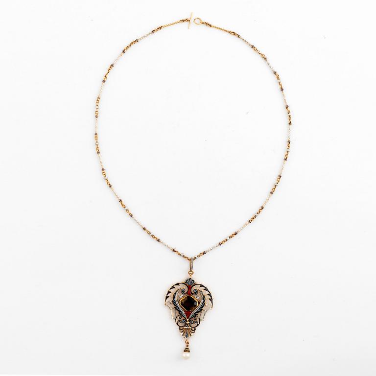 A C Giuliano 18K gold and enamel necklace set with a  faceted tourmaline and a pearl.
