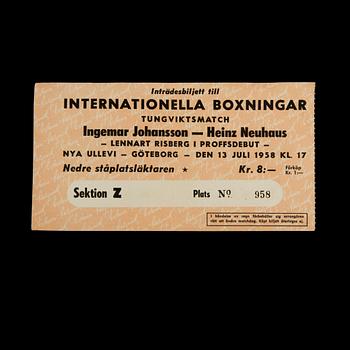 MATCHBILJETT, Ingemar Johansson-Heinz Neuhaus, Sverige, 1958.