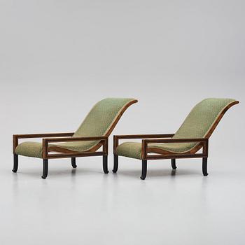 Carl Hörvik, a pair of mahogany-stained birch lounge chairs, Swedish Grace 1920s.