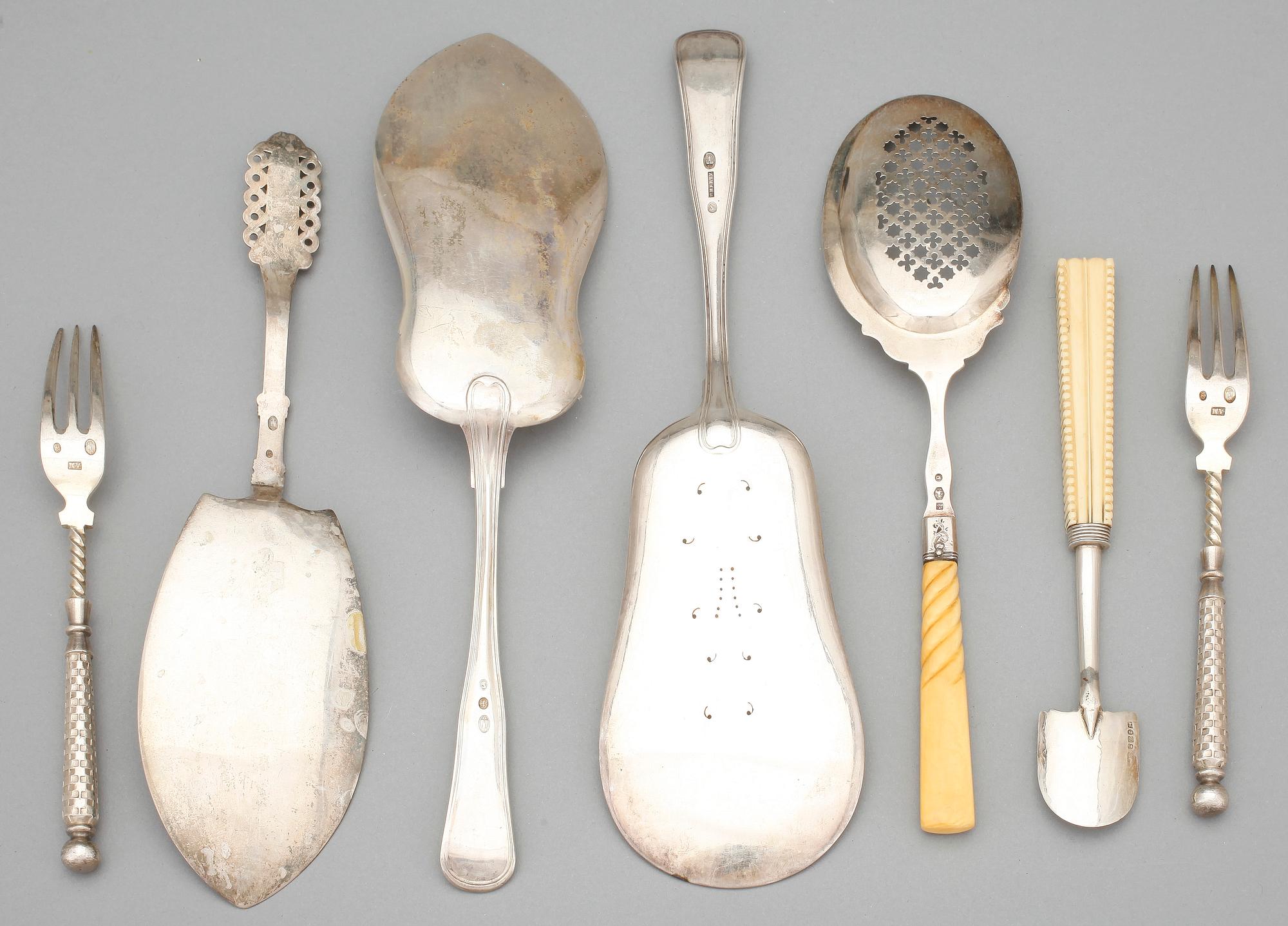 PARTI SILVER, 7 delar, främst Danmark, sent 1800-tal till tidigt 1900-tal.  Tot ca gram.