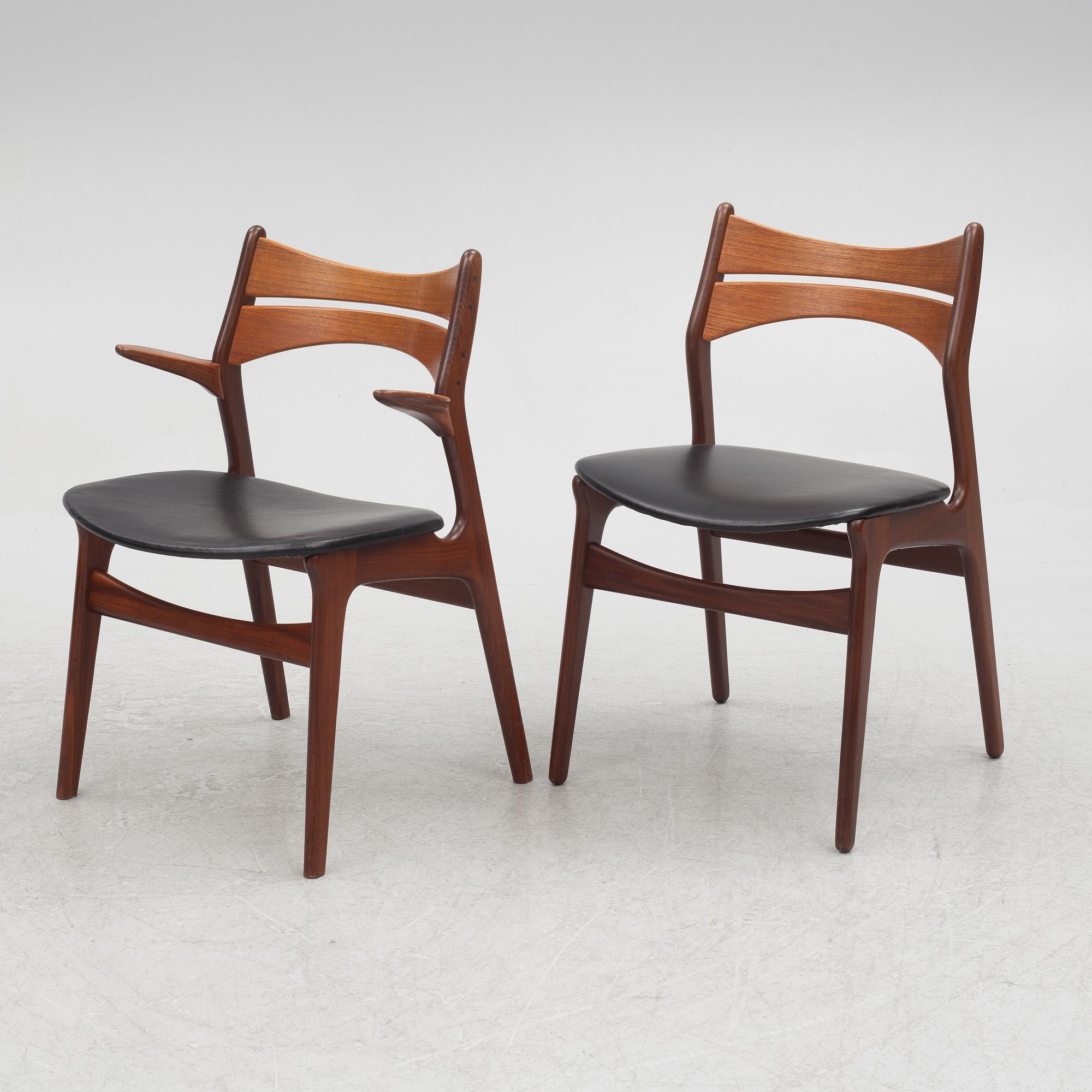 Erik Buch, two chairs and four armchairs, model 310, Christiansens Møbelfabrik, Denmark.