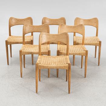 Arne Hovmand-Olsen, six oak chairs, Mogens Kold, Denmark, 1960's.