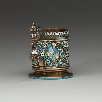 A Russian silver-gilt and enamel tea-glass holder, makers mark of Chlebnikov, Moscow 1892. Imperial Warrant.