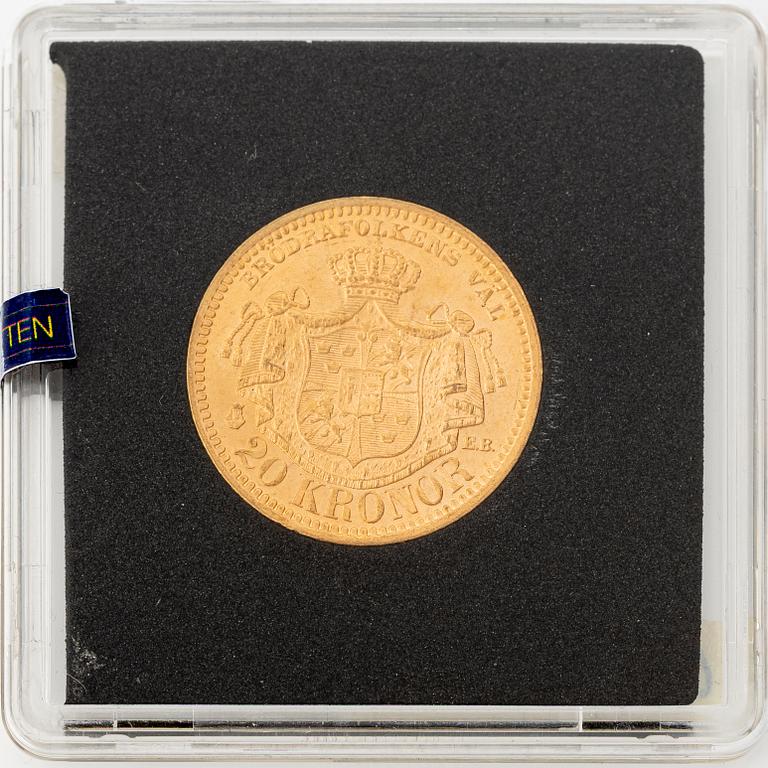 Gold coin, Oscar II, 20 kronor, type III, Sweden 1889.