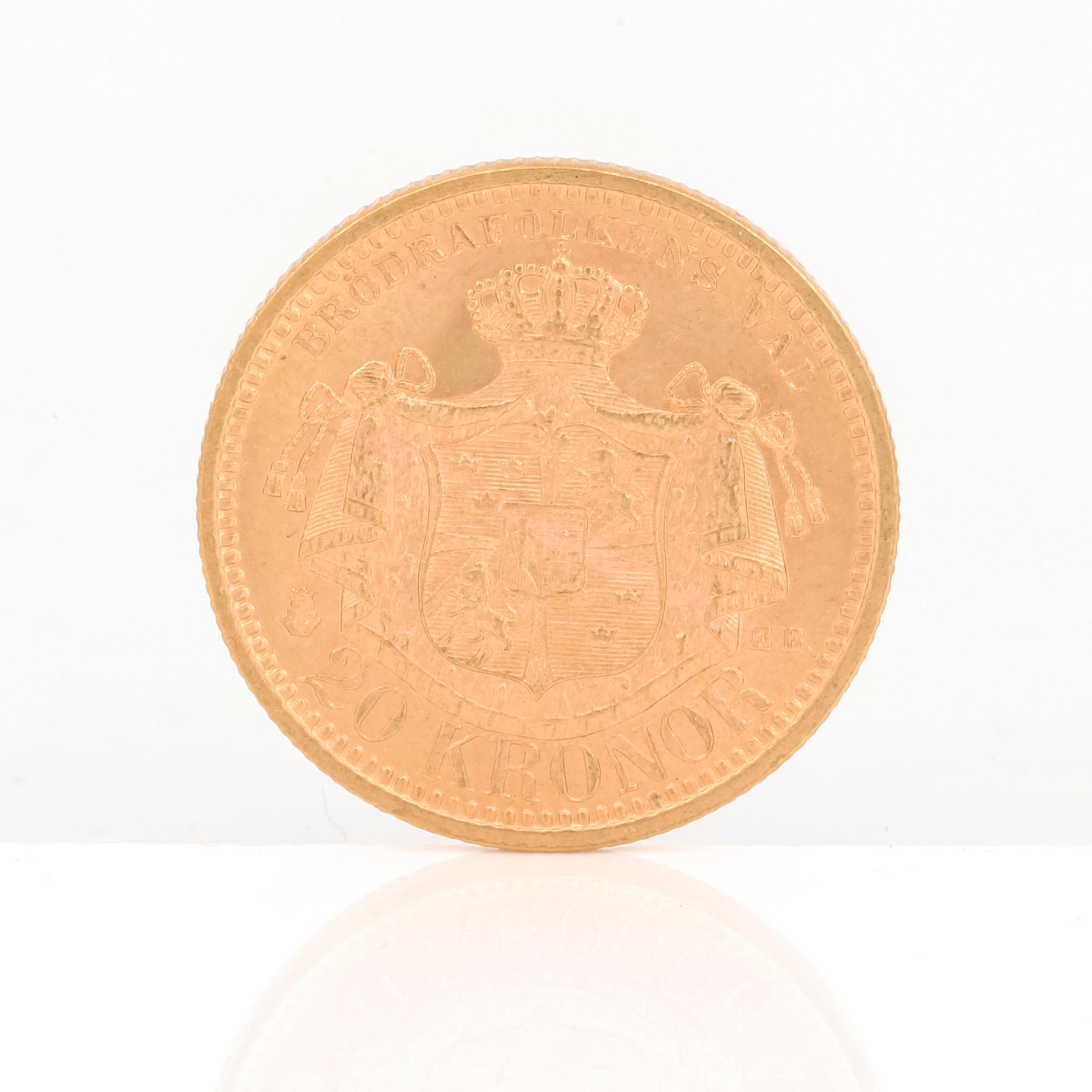 GULDMYNT, 20 kronor, Oscar II av Sverige och Norge 1902. Vikt ca 9 gram.