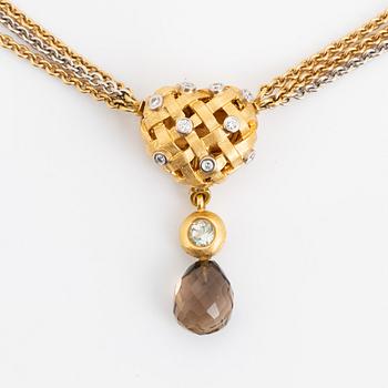 Ole Lynggaard, Charlotte Lynggaard, lås flätat hjärta med diamanter, collier, nyckelberlock med rökkvarts och akvamarin.